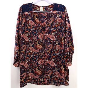 Terra & Sky Floral Paisley V-Neck Boho Blouse, Size 1X